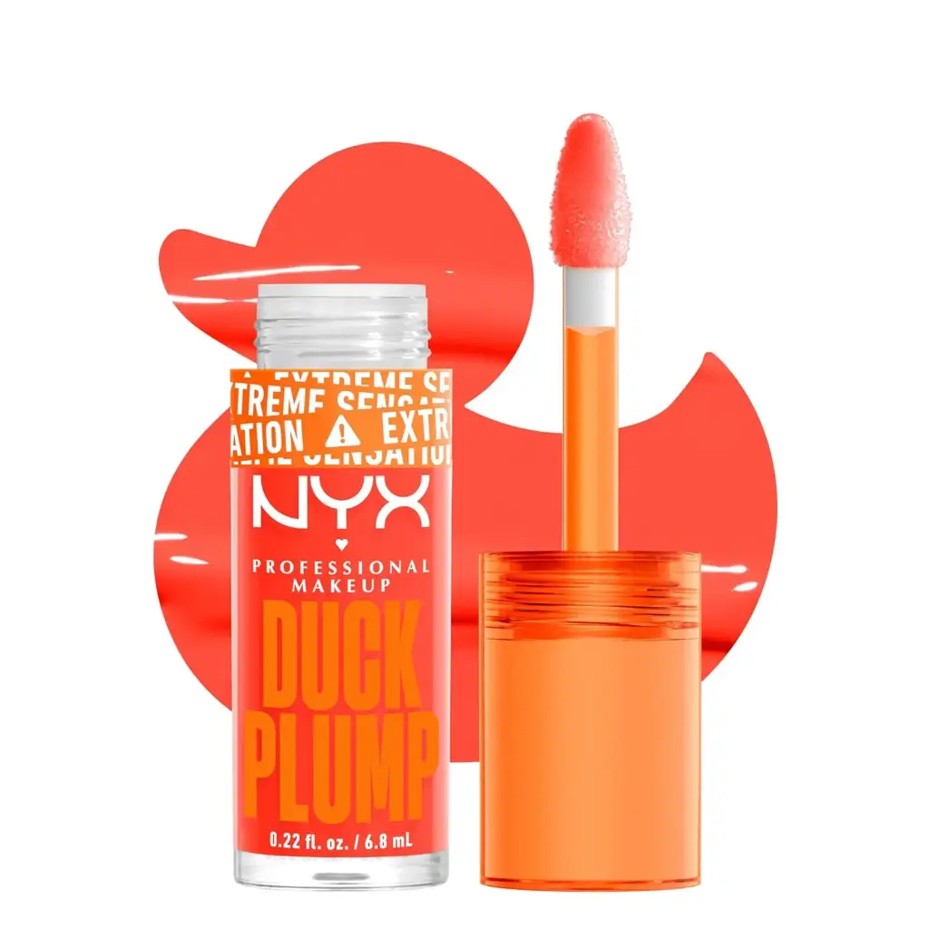 NYX PROFESSIONAL MAKEUP Duck Plump High Pigment Plumping Lip Gloss with Spicy Ginger, Vegan Lip Makeup - Peach Out (Vibrant Peach)