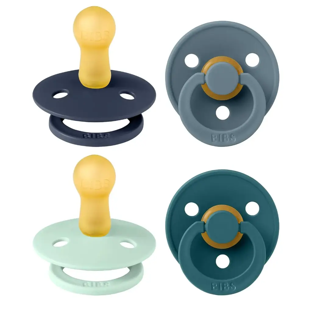 BIBS Pacifiers - Colour 4 Pack | Round Nipple Baby Pacifier | BPA Free Natural Rubber Latex Soother | Made in Denmark | Size 6-18 Months | Boy Colors