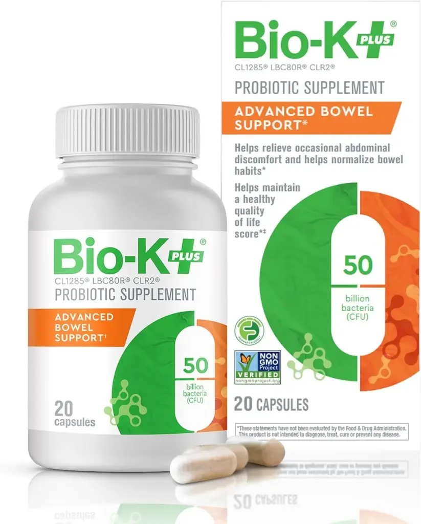 Bio-K+ Probiotic Advanced Bowel Support – 50 Billion CFU – Vegan, Gluten-Free, Non-GMO – Supports Digestive Health & Regularity – for Men & Women – 20 Probiotic Capsules
