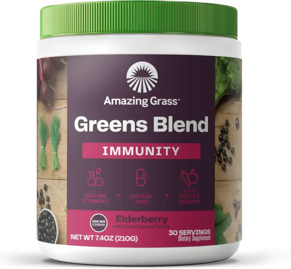 Amazing Grass Greens Blend Superfood for Immune Support: Super Greens Powder Smoothie Mix with Organic Spirulina, Chlorella, Beet Root Powder, Digestive Enzymes & Probiotics, Elderberry, 30 Servings