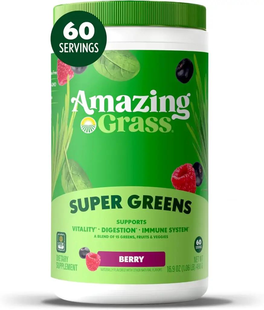 Amazing Grass Greens Blend Superfood: Super Greens Powder Smoothie Mix with Spirulina, Chlorella, Beet Root Powder, Digestive Enzymes & Probiotics, Berry, 60 Servings (Packaging May Vary)