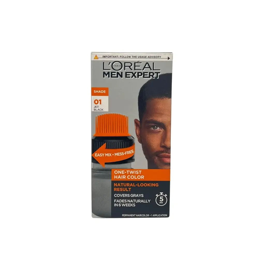 L’Oreal Paris Men Expert One Twist Mess Free Permanent Hair Color, Mens Hair Dye to Cover Grays, Easy Mix Ammonia Free Application, Jet Black 01, 1 Application Kit